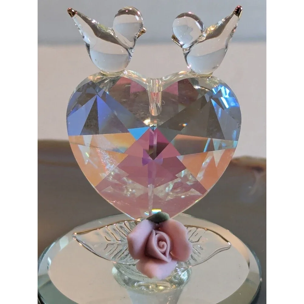 Glass Baron Handcrafted Glass Love Birds on Faceted Heart Figurine - Pink Rose